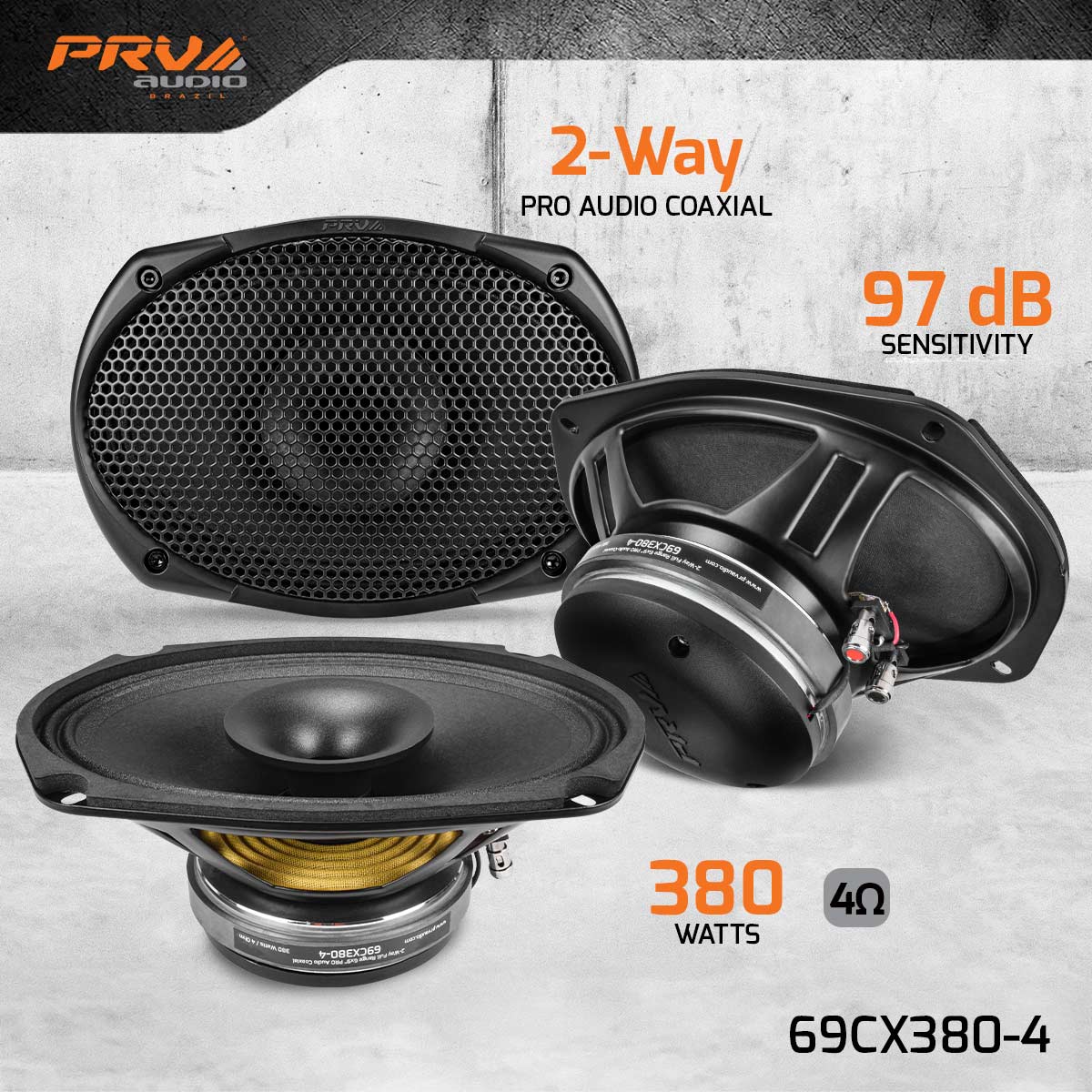 Pro audio coaxial speakers with specifications on a gray background