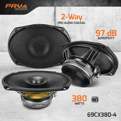 Pro audio coaxial speakers with specifications on a gray background
