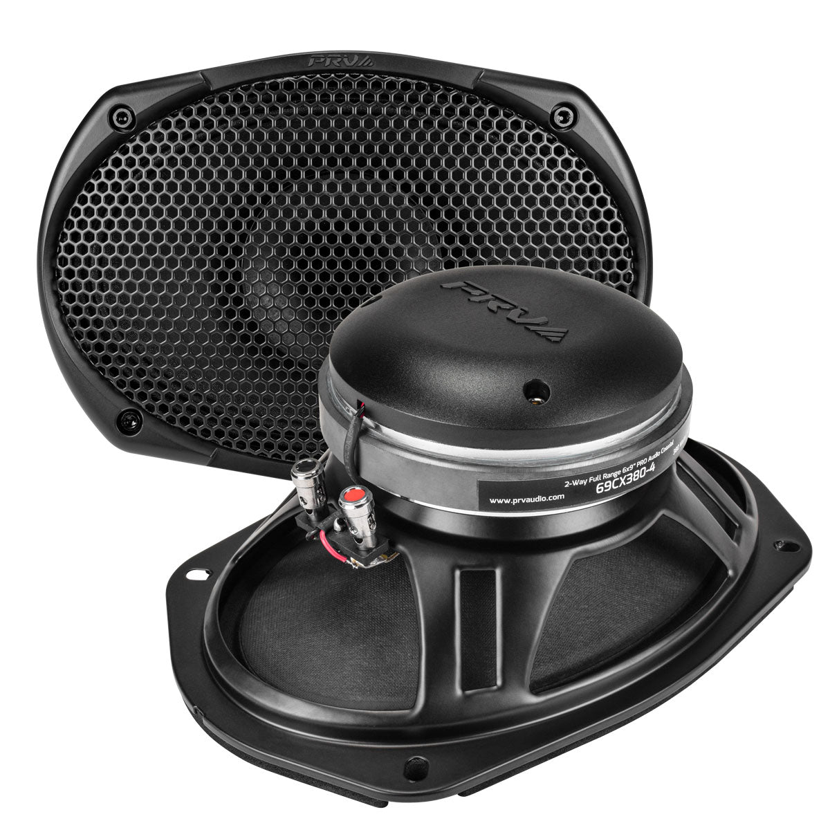 Car speaker with PRV Audio branding on a white background