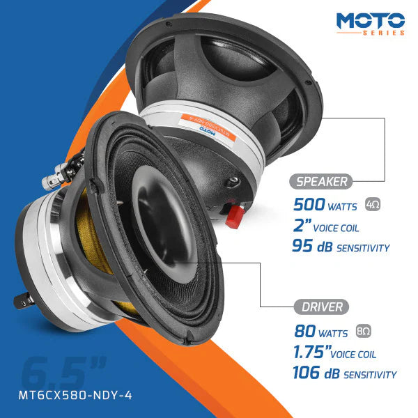 6.5" speaker with technical specifications on a blue and orange background