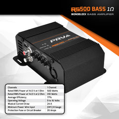 PRV RS500 Bass amplifier with specifications on a white background