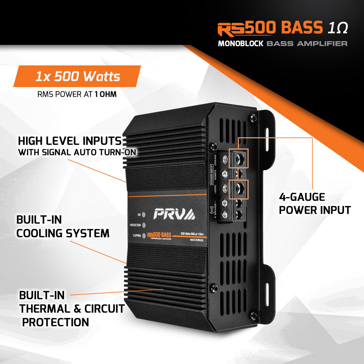 PRV Audio RS500 Bass amplifier with features highlighted on a white and orange background