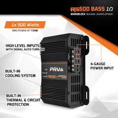 PRV Audio RS500 Bass amplifier with features highlighted on a white and orange background