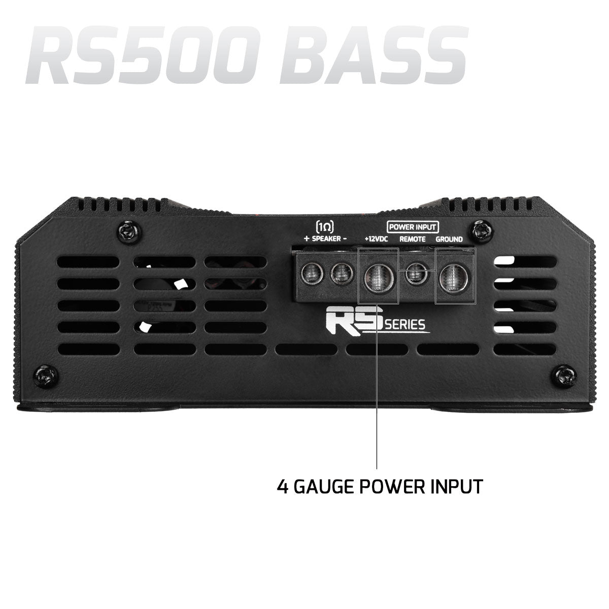 Black RS500 Bass amplifier with '4 Gauge Power Input' text on a white background