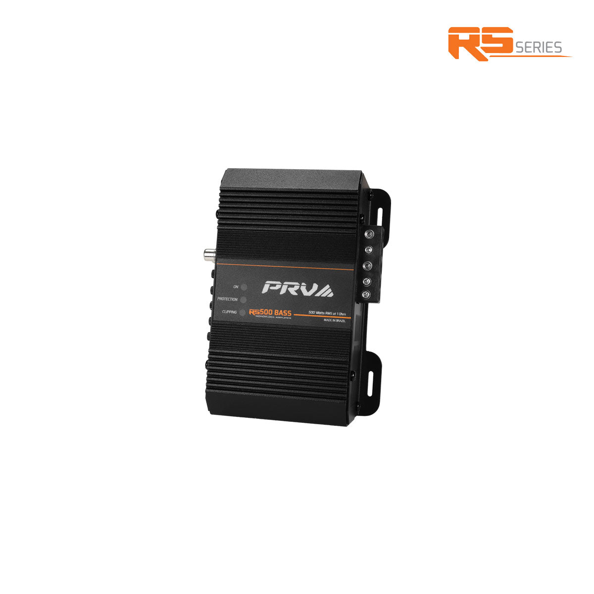Black audio car amplifier with 'PRV' branding on a white background