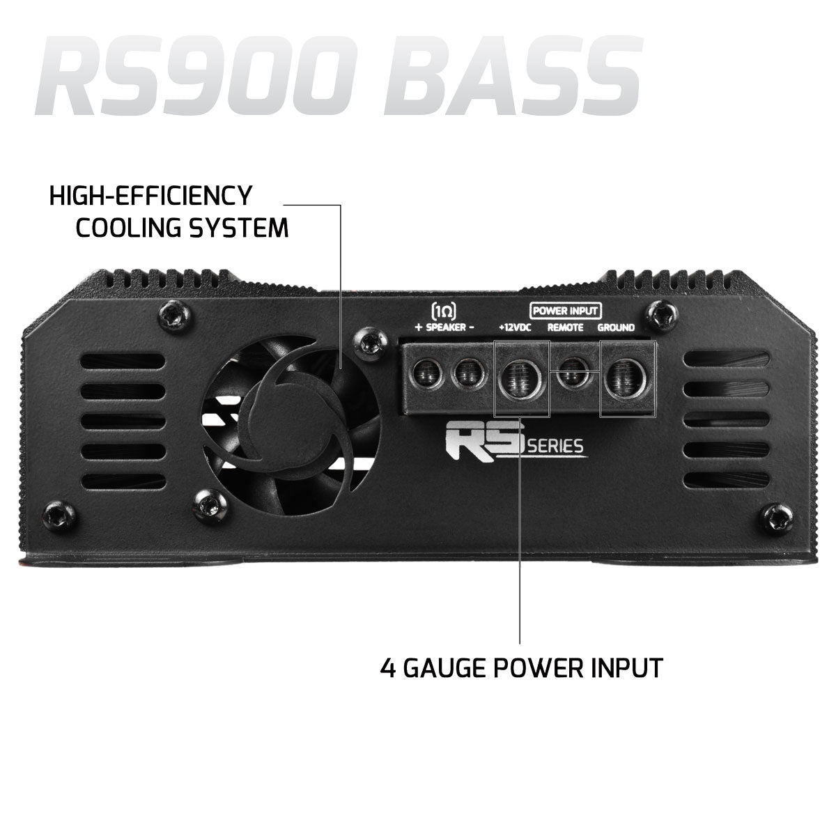 RS900 Bass amplifier with high-efficiency cooling system and 4 gauge power input on a white background