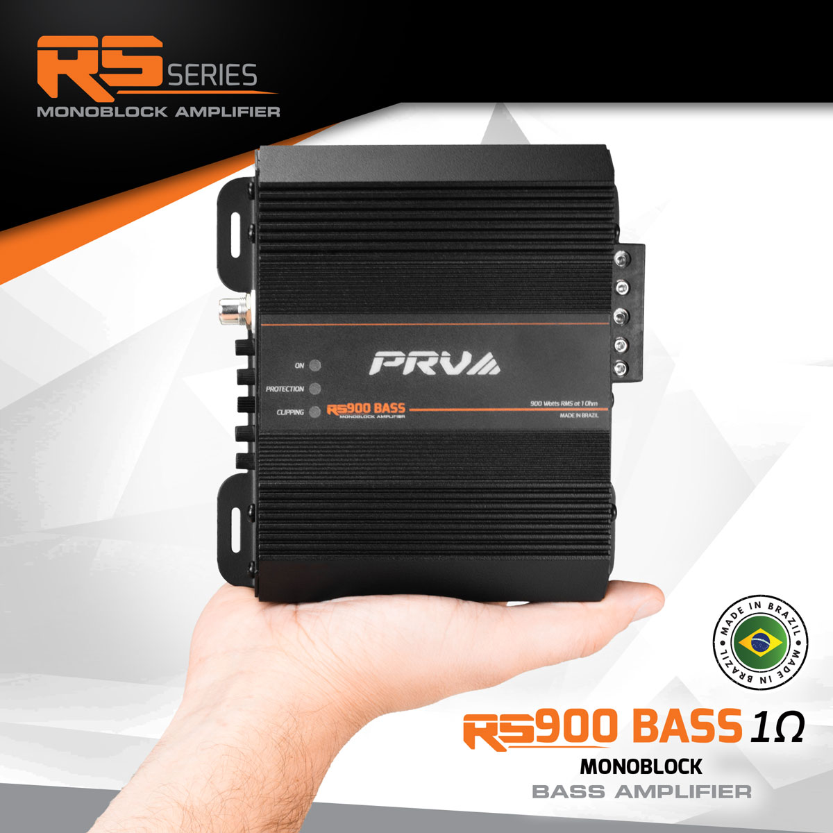 PRVA RS900 Bass amplifier held in a hand with brand logo and product details on a white background