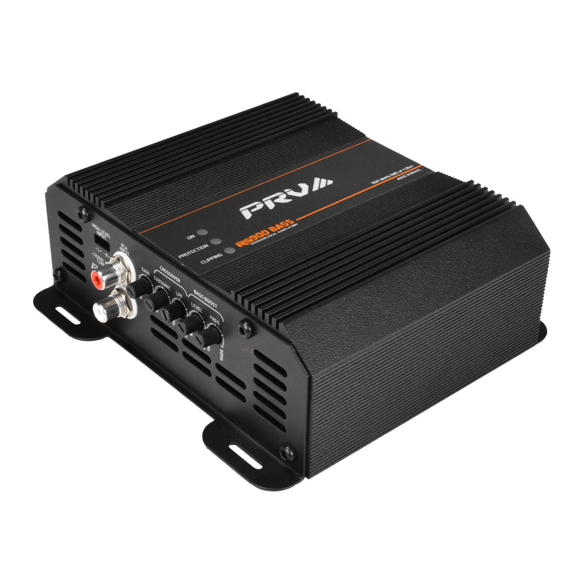 Black audio amplifier with PRV branding on a white background
