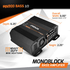 PRV Audio RS900 Bass amplifier with dimensions and features on a white background