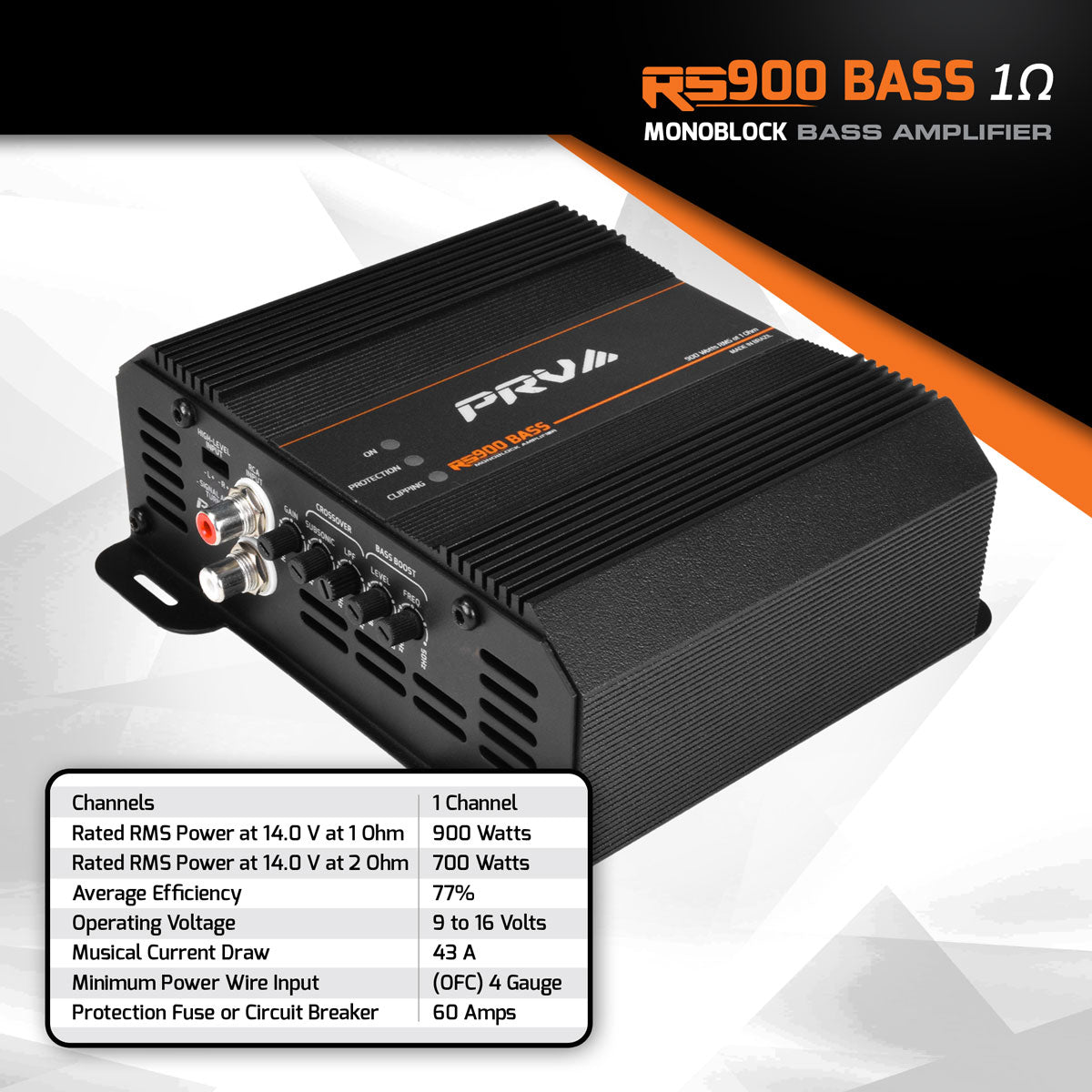 PRV RS900 Bass amplifier on a white background with specifications displayed.