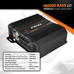 PRV RS900 Bass amplifier on a white background with specifications displayed.
