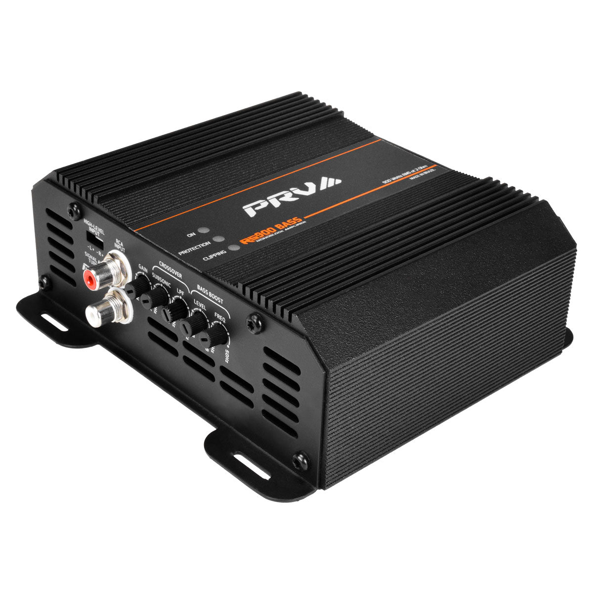 Black audio amplifier with PRV branding on a white background