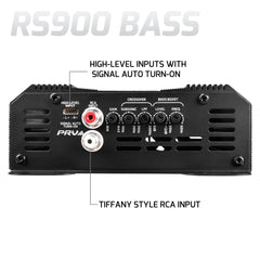 Car audio amplifier with labeled features on a white background