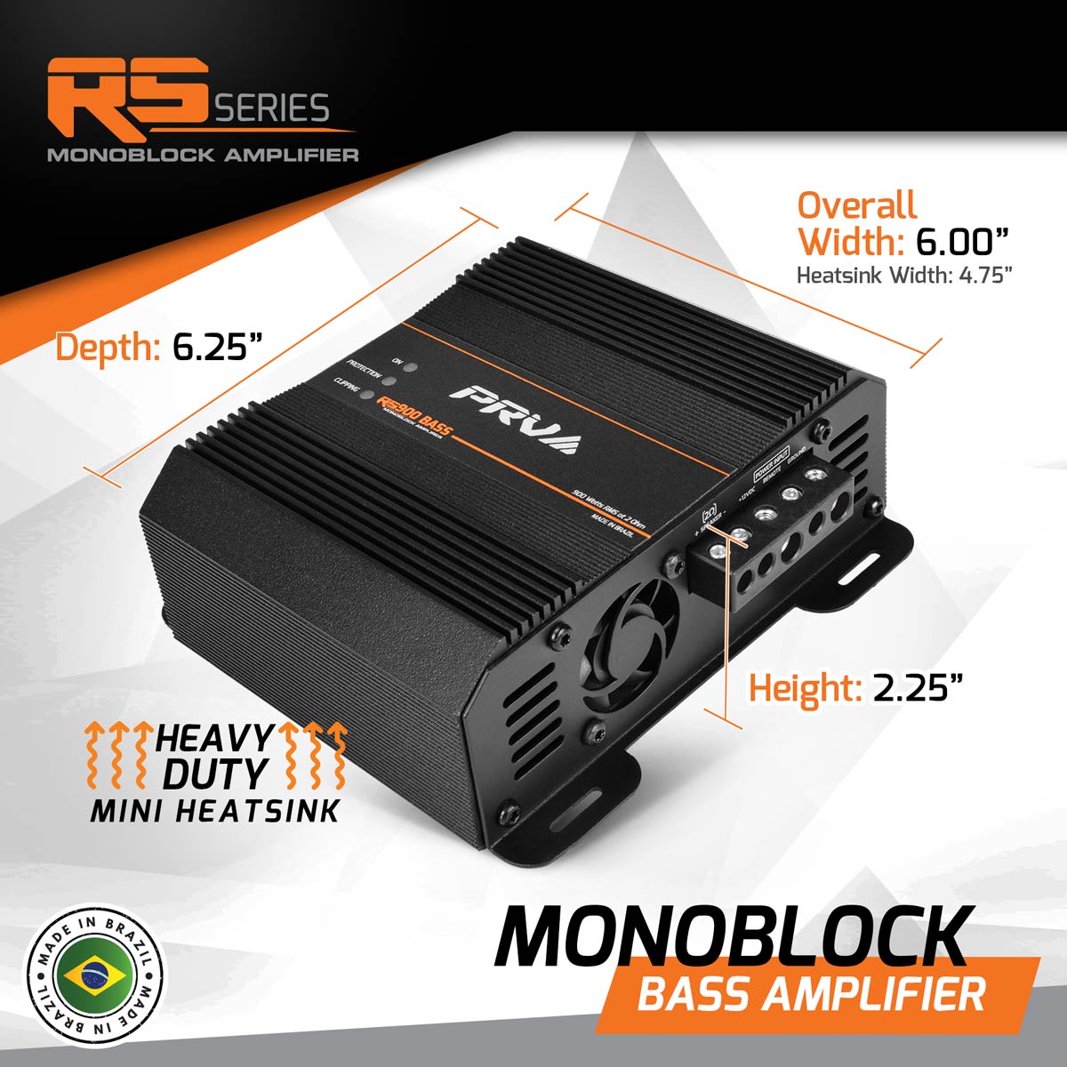 PRV Audio monoblock bass amplifier with dimensions and branding on a white background
