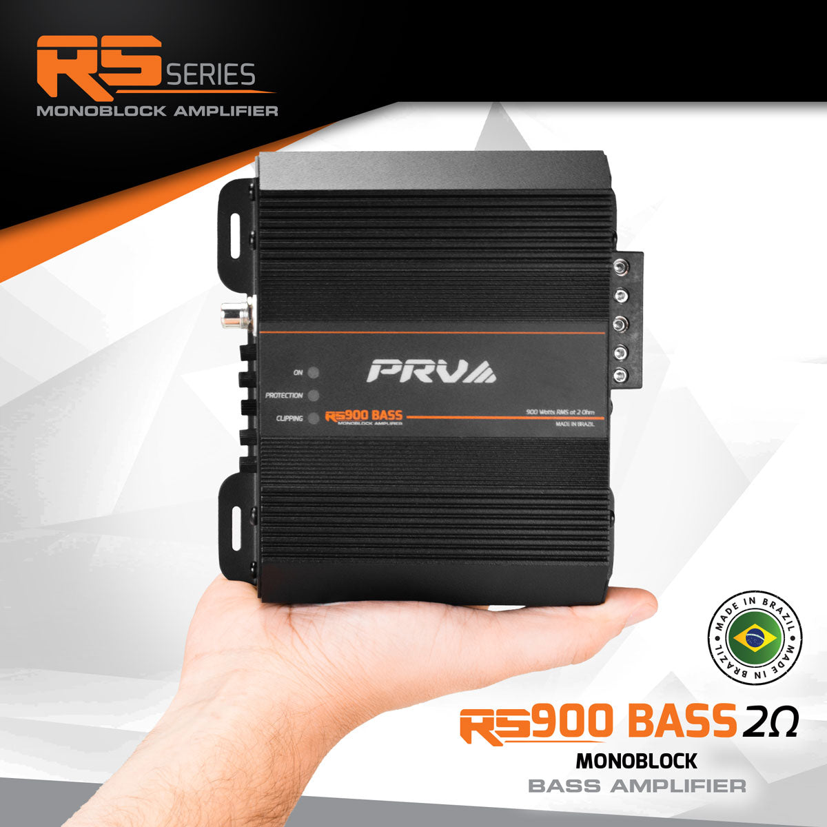 PRVA RS900 Bass 2Ohm monoblock amplifier held in a hand with brand logo and product details on a white background.