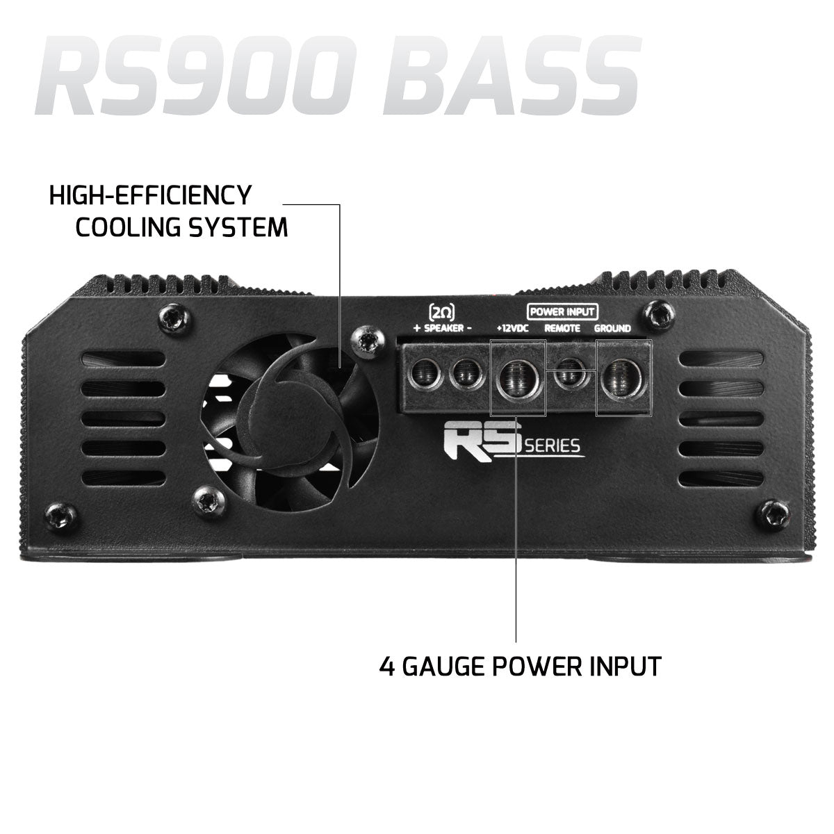 RS900 Bass amplifier with high-efficiency cooling system and 4 gauge power input on a white background