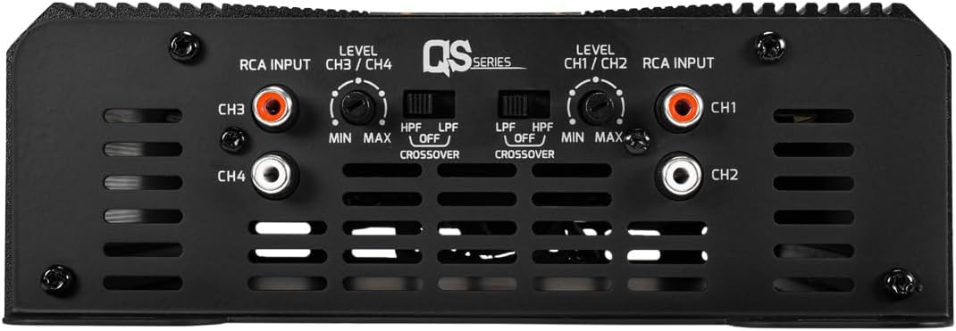 Back view of a black audio amplifier with labeled inputs and controls.