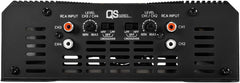 Back view of a black audio amplifier with labeled inputs and controls.