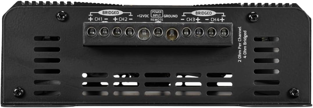 Back view of a black electronic device with various connectors and labels