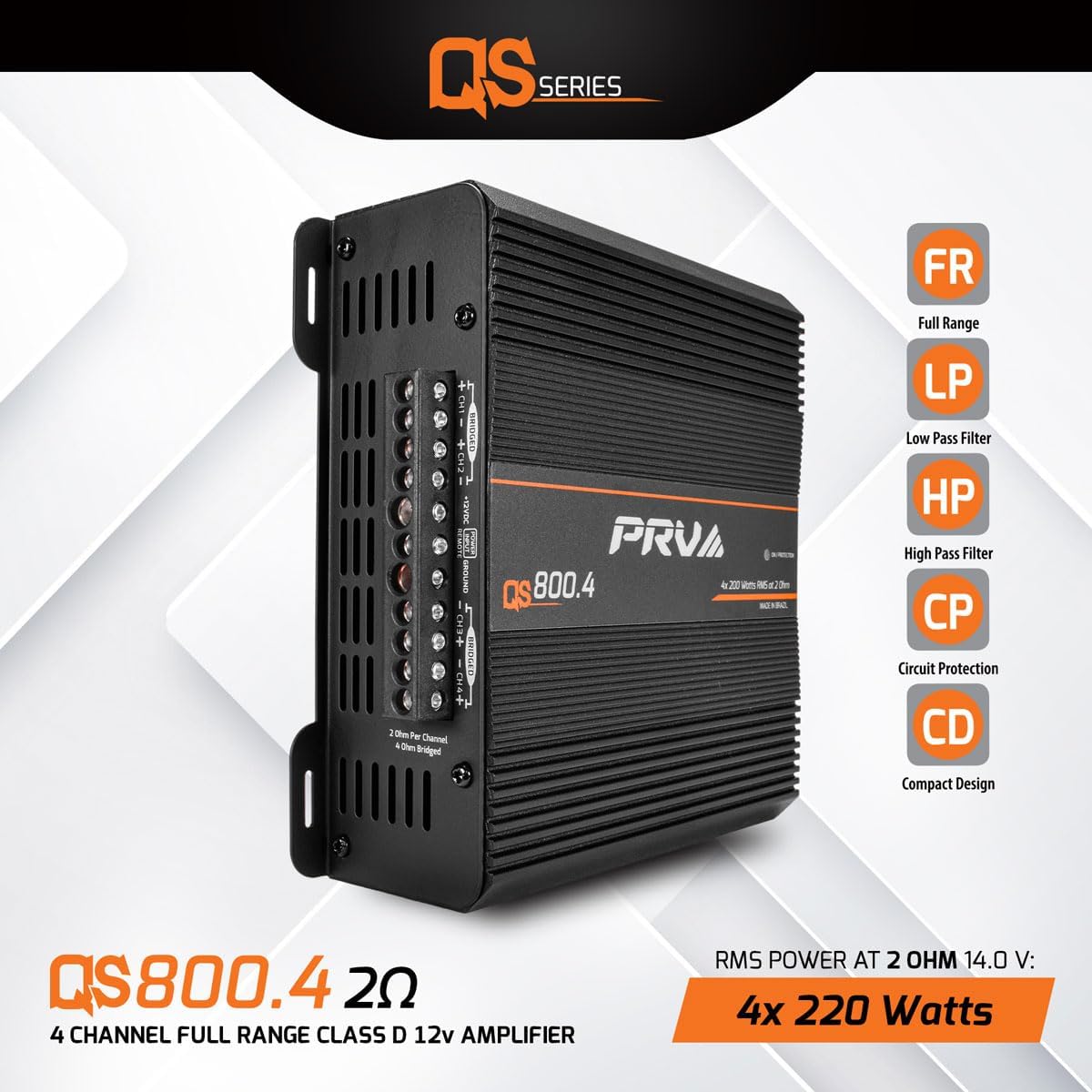 PRV audio amplifier with QS Series branding on a white background