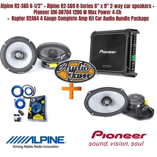 Alpine R2-S65 6-1/2" + Alpine R2-S69 R-Series 6" x 9" 2-way car speakers +  Pioneer GM-D8704 1200 W Max Power 4-Ch +  Raptor R2AK4 4 Gauge Complete Amp Kit Car Audio Bundle Package