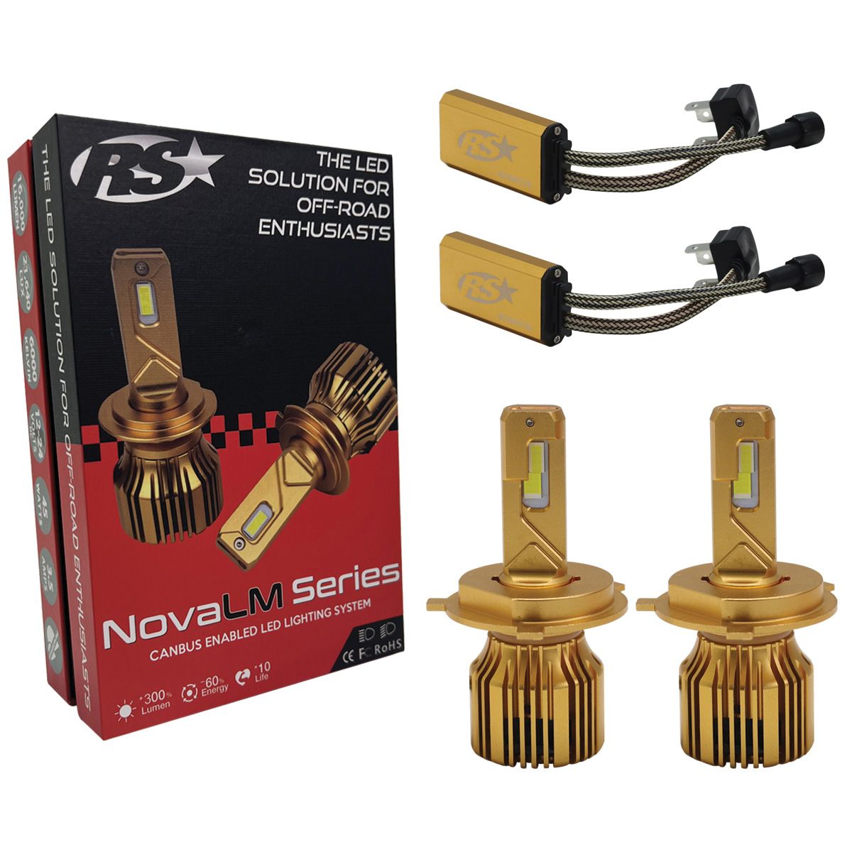 RS LED lighting system with gold bulbs and packaging on a white background