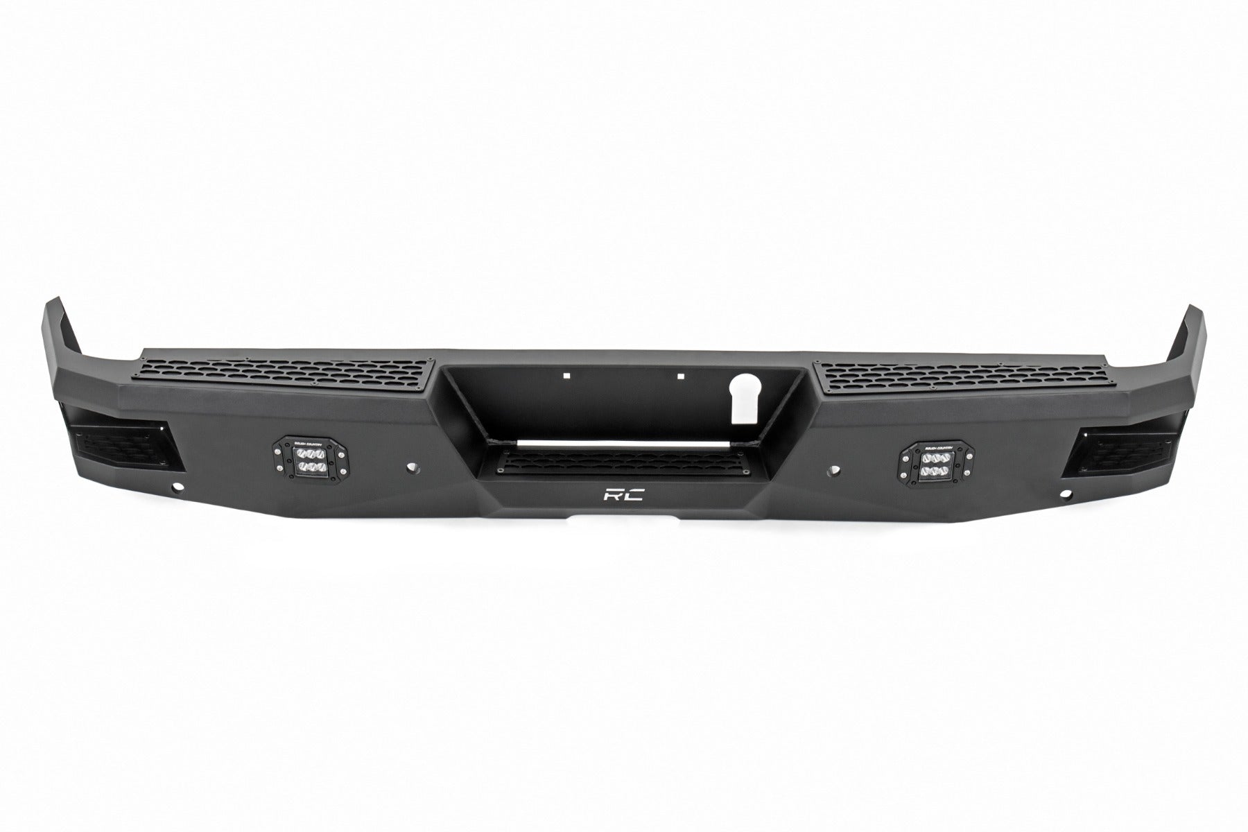 Black vehicle bumper with RC logo on a white background