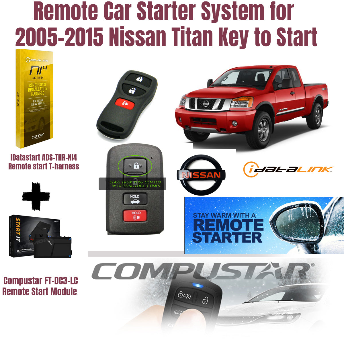 Remote car starter system for 2005-2015 Nissan Titan with key fob, remote start module, and truck on a white background.