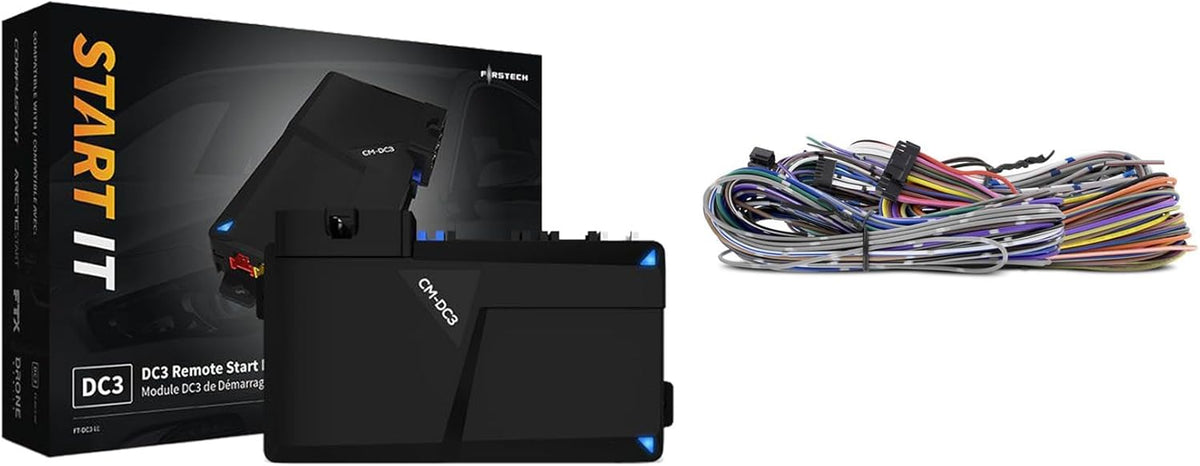 Automotive wiring harness kit with 'DC3 Remote Start' packaging on a white background
