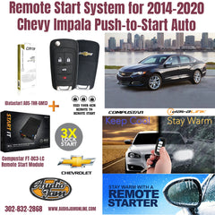 remote start system for 2014-2020 Chevy Impala with car, remote controls, and module.