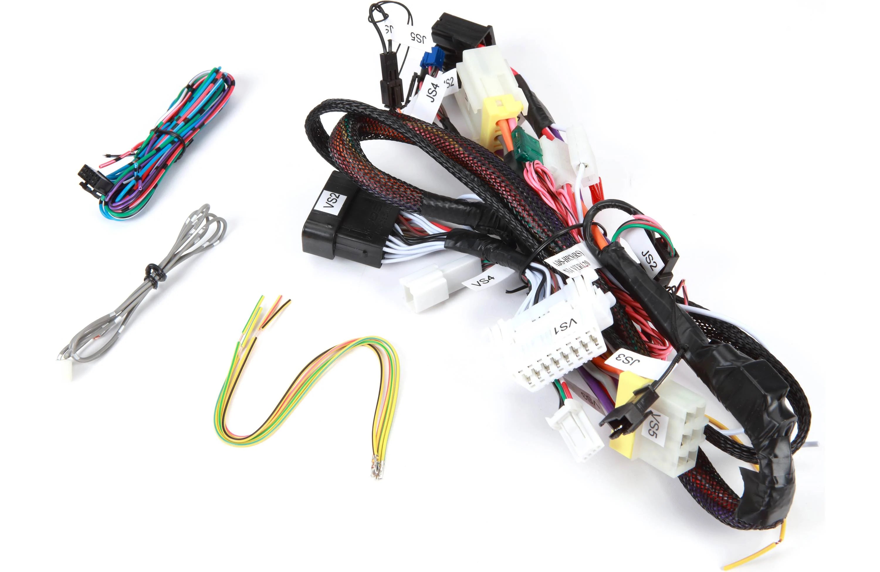Car wiring harness kit with various connectors and cables on a white background