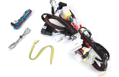 Car wiring harness kit with various connectors and cables on a white background