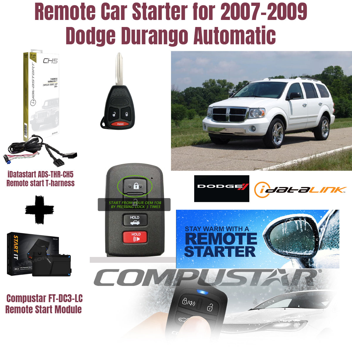 Remote car starter kit for 2007-2009 Dodge Durango Automatic with vehicle image and product packaging.
