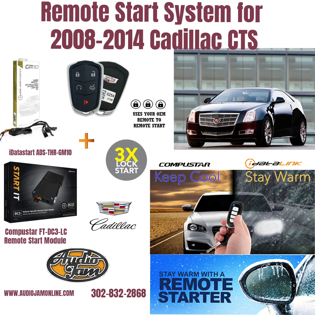 Advertisement for remote start system for 2008-2014 Cadillac CTS with product images and text.