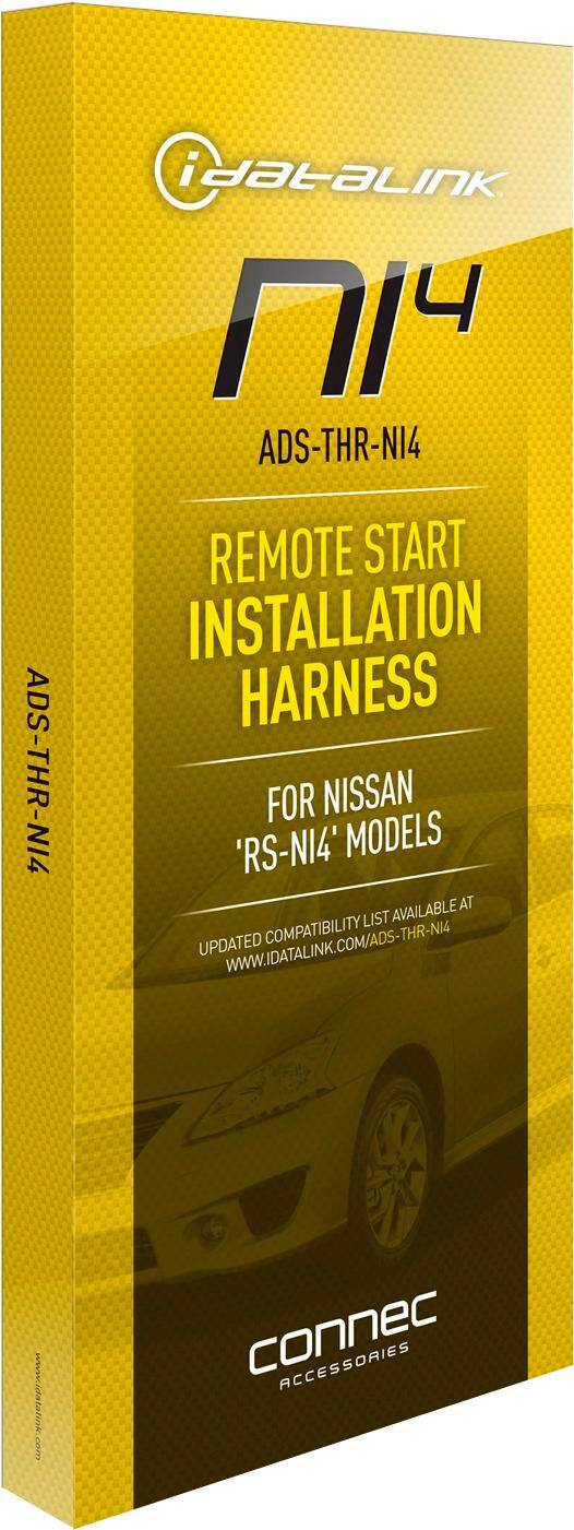 Yellow packaging of a remote start installation harness for Nissan vehicles, featuring iDataLink branding.