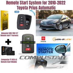 Remote start system components for 2010-2022 Toyota Prius Automatic, including a remote key fob and car exterior.