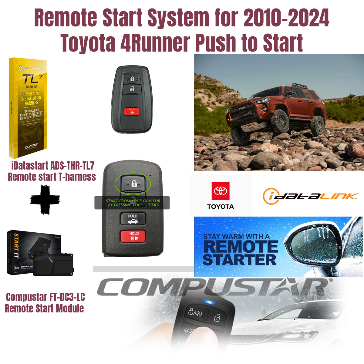 Remote start system for 2010-2024 Toyota 4Runner with key fob, harness, and module on a white background.