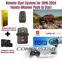 Remote start system for 2010-2024 Toyota 4Runner with key fob, harness, and module on a white background.