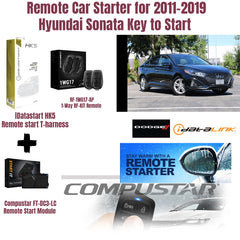 Promotional image of car remote starter products for Hyundai Sonata with various components and branding.