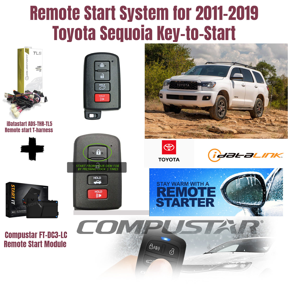 Remote start system for 2011-2019 Toyota Sequoia with key-to-start feature, including hardware and software components.