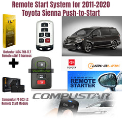 Remote start system components for 2011-2020 Toyota Sienna with iDataStar, CompuStar, and Toyota logos.