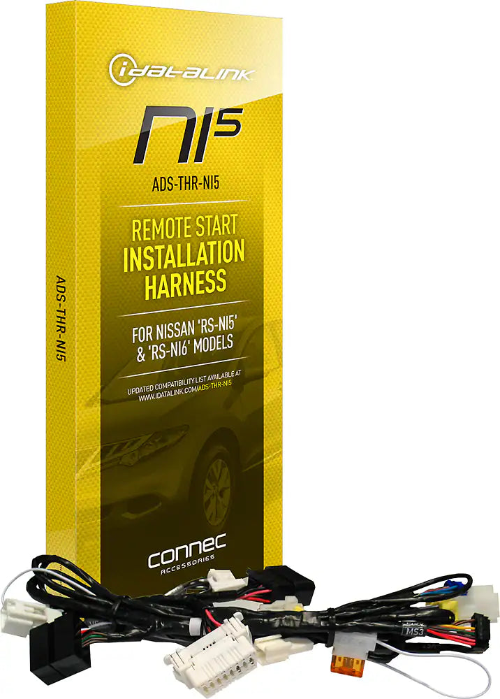 Yellow box of iDataLink N15 remote start installation harness with wiring on a white background