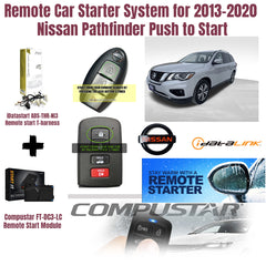 Remote car starter system for 2013-2020 Nissan Pathfinder with key fob, remote start module, and car image.