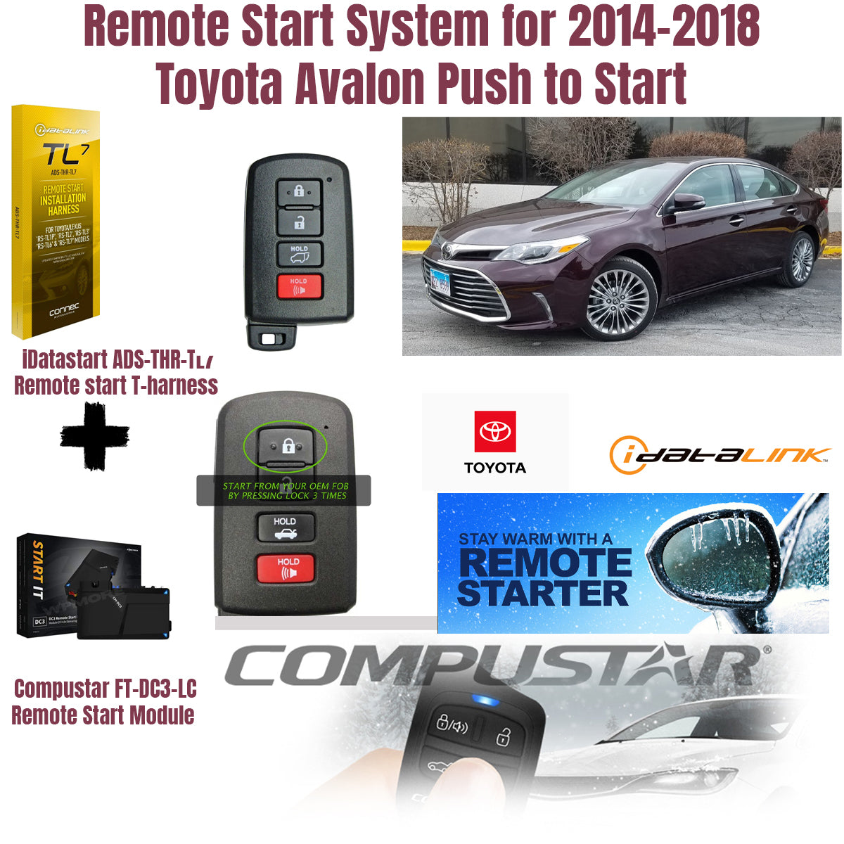 Advertisement for a remote start system for the 2014-2018 Toyota Avalon with car, remote controls, and accessories.