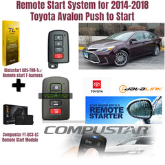 Advertisement for a remote start system for the 2014-2018 Toyota Avalon with car, remote controls, and accessories.