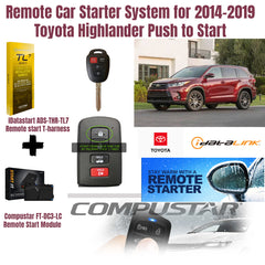 Remote car starter system for 2014-2019 Toyota Highlander with key fob, module, and packaging.