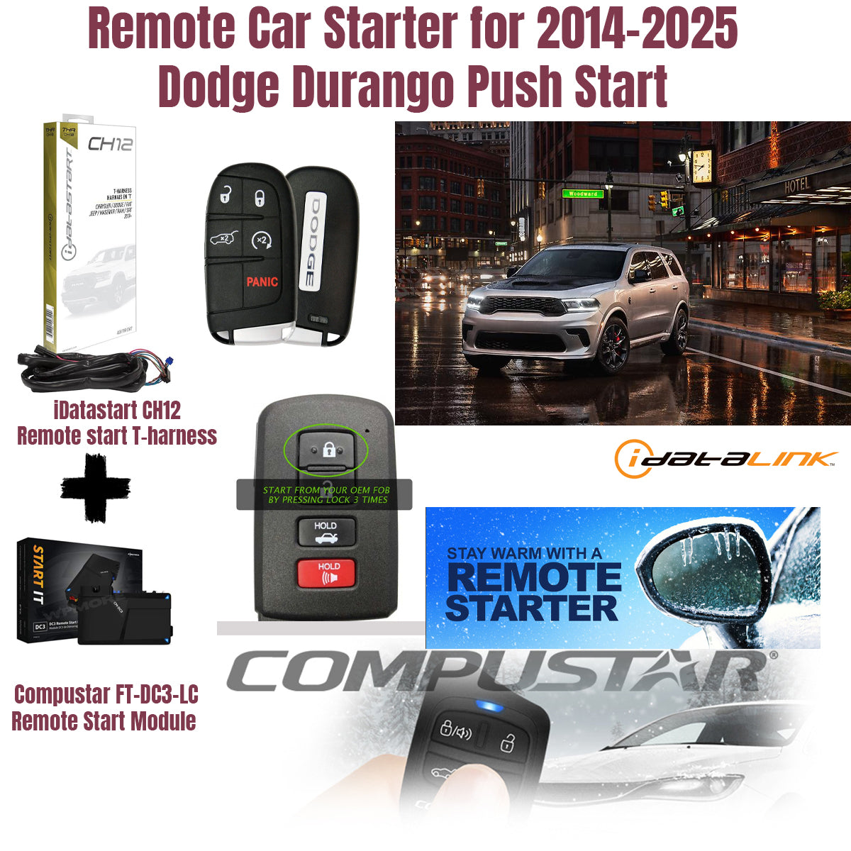 Remote car starter kit for 2014-2025 Dodge Durango with remote control, t-harness, and module.