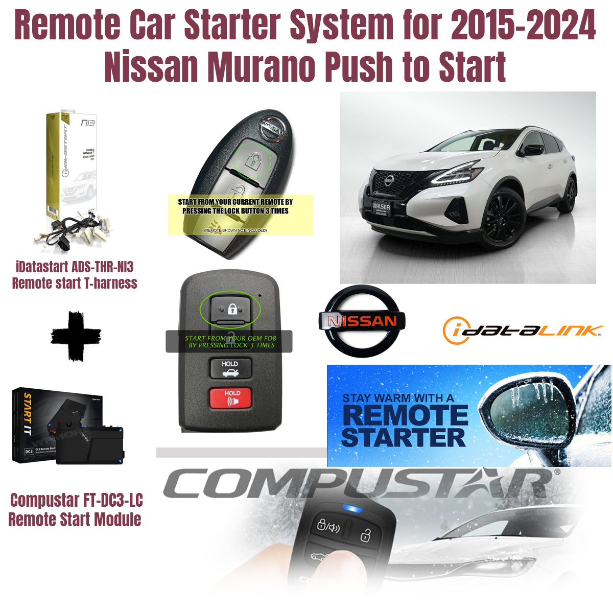 Remote car starter system for 2015-2024 Nissan Murano with key fob, car, and brand logos.
