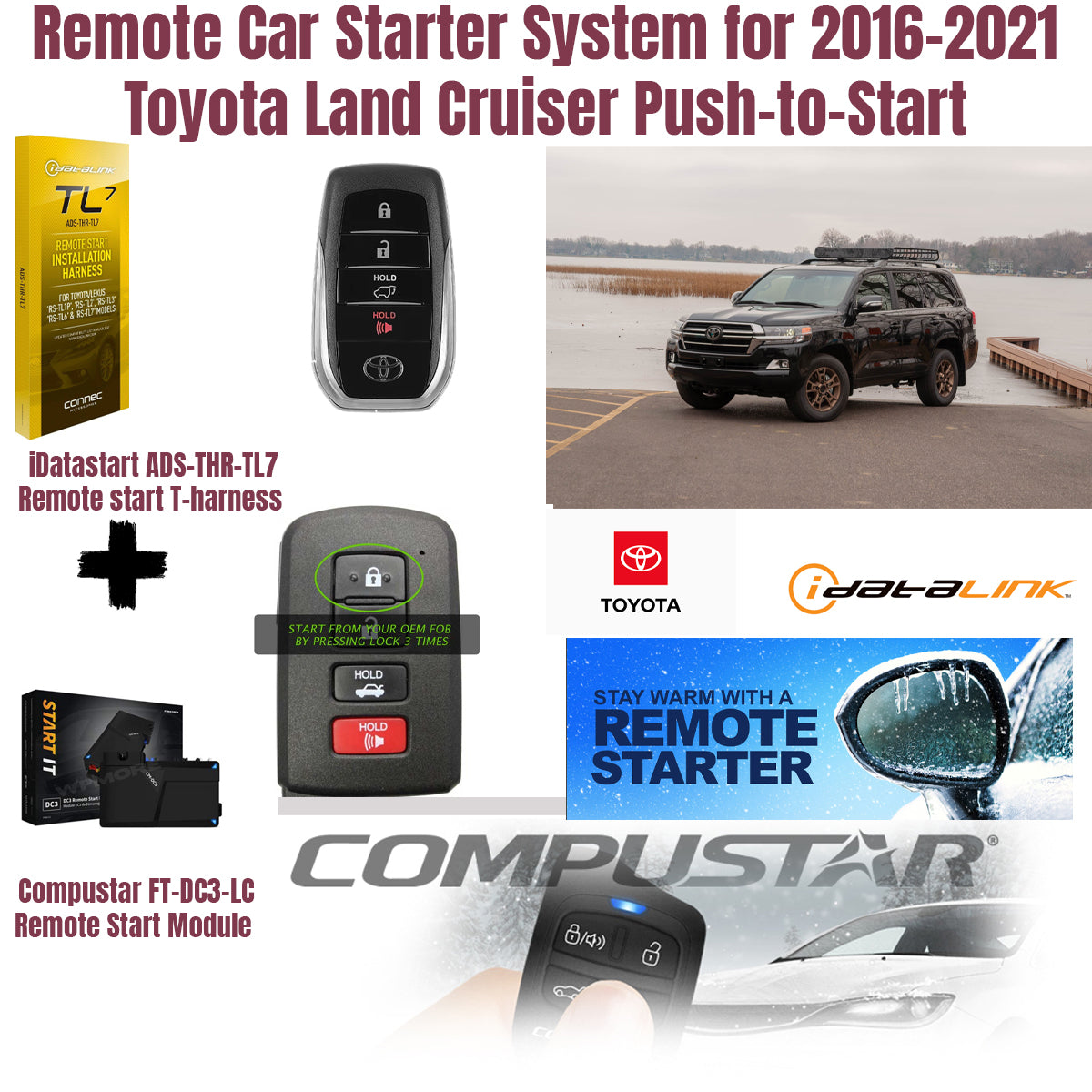 Remote car starter system for 2016-2021 Toyota Land Cruiser Push-to-Start with accessories and branding.