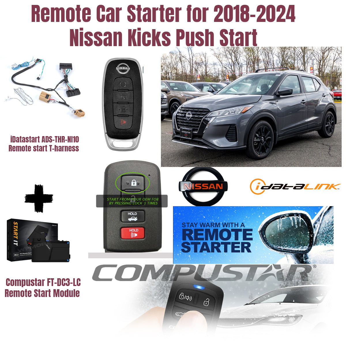 Remote car starter kit for 2018-2024 Nissan Kicks with remote control, harness, and module.